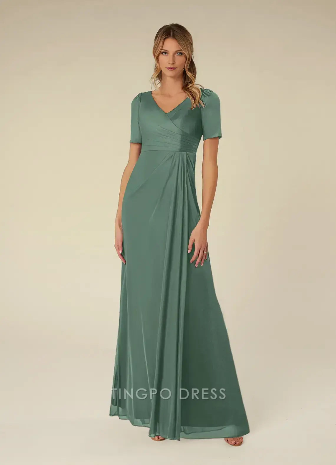 TingPo Wholesale Elegant Mother of the Bride Eucalyptus A-Line Pleated Mesh Dress hot sale for ladies